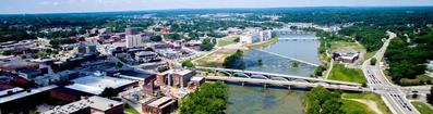 Aerial view of Danville Virginia's River District, and the Dan River.  Enjoy low cost of living, high quality of life.  